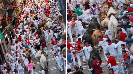 Dos imágenes del cuarto encierro de San Fermín, con los Victoriano del Río Cortés Dos imágenes del cuarto encierro de San Fermín, con los Victoriano del Río Cortés