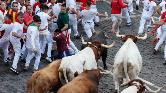 Los toros de la ganadería Jandilla persiguen a los mozos durante el quinto encierro de los Sanfermines de 2025 Los toros de la ganadería Jandilla persiguen a los mozos durante el quinto encierro de los Sanfermines de 2025