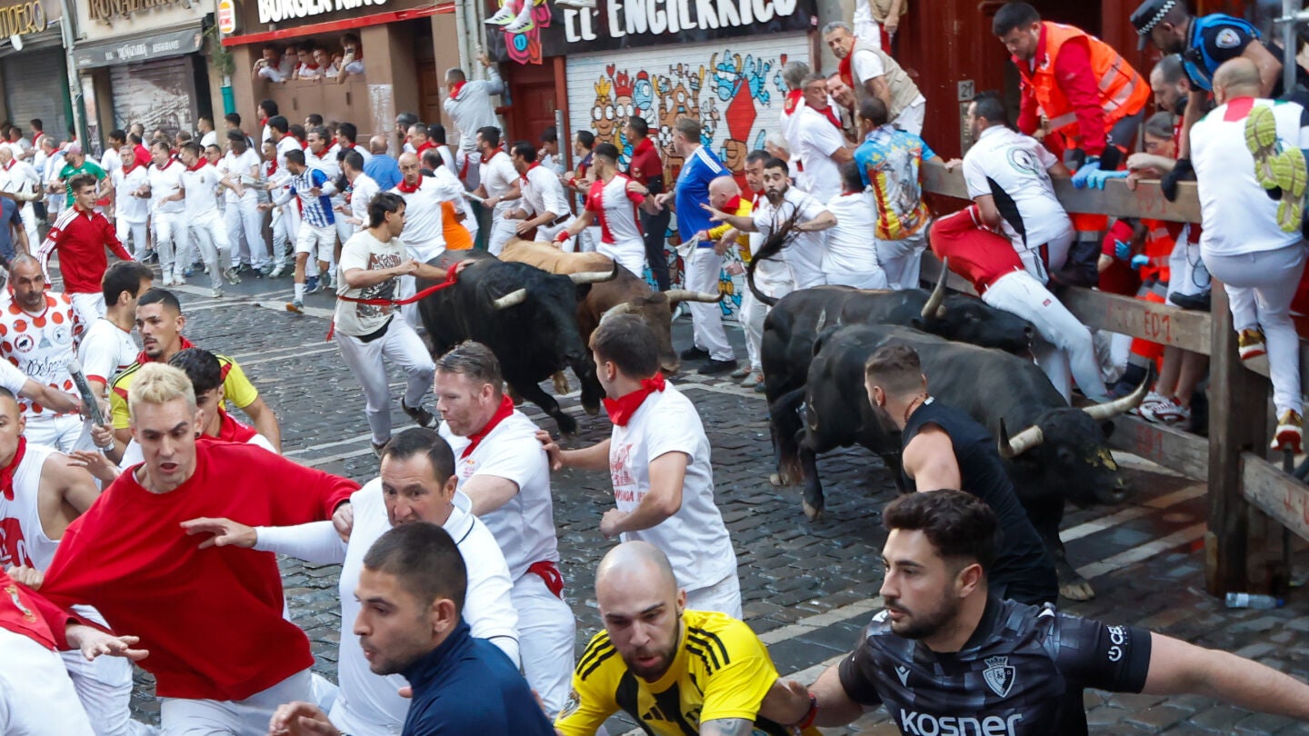 Los toros de La Palmosilla pasando por un tramo del séptimo encierro de San Fermín de 2025