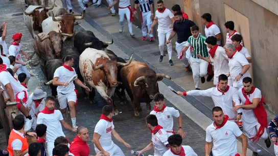 Los de La Palmosilla, en el séptimo y penúltimo encierro de San Fermín de 2025 Los de La Palmosilla, en el séptimo y penúltimo encierro de San Fermín de 2025