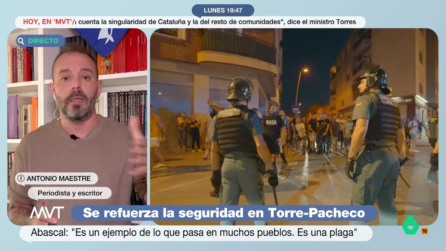 Antonio Maestre, sobre los disturbios en Torre-Pacheco: "Es violencia política con motivos racistas, nada que ver con la inmigración" Antonio Maestre analiza el papel de los discursos racistas de Vox que, según él, "prenden" disturbios como los de Torre-Pacheco que, en su opinión, "están tremendamente organizados".