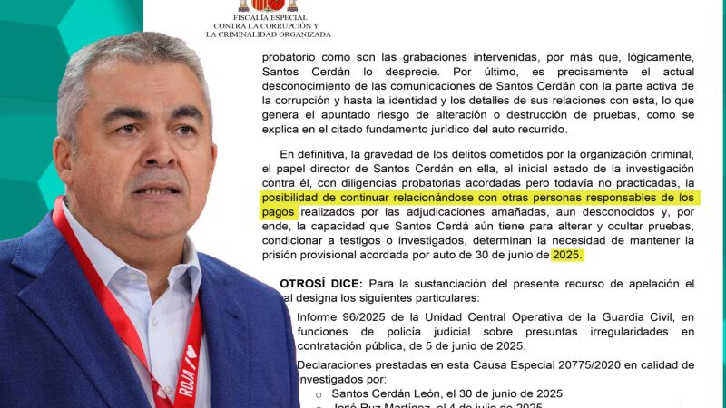 Anticorrupción se opone a excarcelar a Santos Cerdán por riesgo de interferir con los implicados aún por identificar en la trama de amaños.
