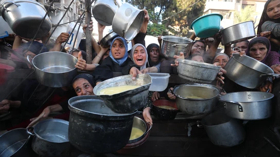 Decenas de palestinos, tratando de recibir alimentos en un punto de recogida de Gaza Decenas de palestinos, tratando de recibir alimentos en un punto de recogida de Gaza
