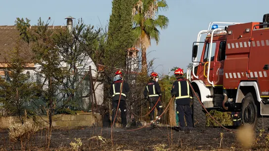 Los bomberos tratan de apagar este viernes los rescoldos del fuego en Navalcarnero, que se originó en Méntrida (Toledo). Los bomberos tratan de apagar este viernes los rescoldos del fuego en Navalcarnero, que se originó en Méntrida (Toledo).