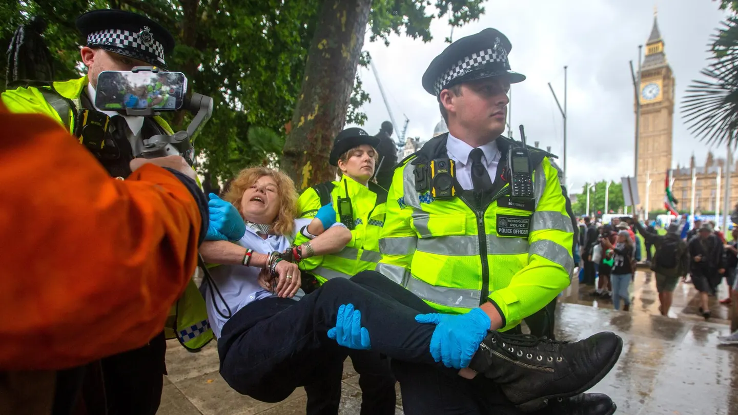 La policía británica detiene a una ciudadana por llevar una pancarta de apoyo a la ONG Palestine Action La policía británica detiene a una ciudadana por llevar una pancarta de apoyo a la ONG Palestine Action