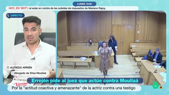 El abogado de Elisa Mouliáa, tras pedir Errejón al juez que actúe sobre ella: "La estrategia va a ser de desgaste emocional" Alfredo Arrién, abogado de Elisa Mouliáa, analiza en este vídeo de Más Vale Tarde la solicitud al juez de la defensa de Íñigo Errejón para que actúe contra la actriz por actitud "coactiva y amenazante".