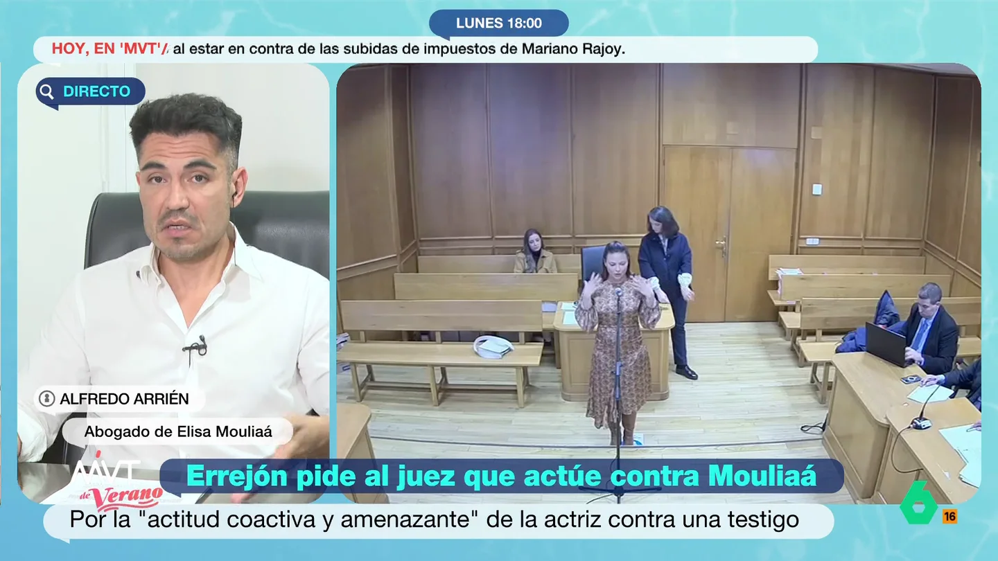 El abogado de Elisa Mouliáa, tras pedir Errejón al juez que actúe sobre ella: "La estrategia va a ser de desgaste emocional" Alfredo Arrién, abogado de Elisa Mouliáa, analiza en este vídeo de Más Vale Tarde la solicitud al juez de la defensa de Íñigo Errejón para que actúe contra la actriz por actitud "coactiva y amenazante".