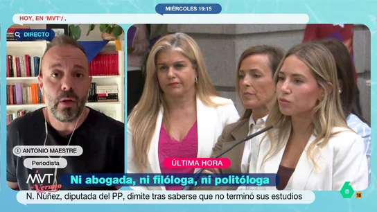 Antonio Maestre, tras la dimisión de Noelia Núñez: "Se apropiaba de un esfuerzo sin cumplirlo solo para medrar en política" Antonio Maestre opina en este vídeo sobre la dimisión de Noelia Núñez tras la polémica sobre sus estudios y afirma tajante: "Lo que le honraría sería no haber mentido con el curriculum".