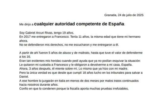 Extracto de la carta de Gabriel Arcuri pidiendo parar la entrega de su hermano. Extracto de la carta de Gabriel Arcuri pidiendo parar la entrega de su hermano.