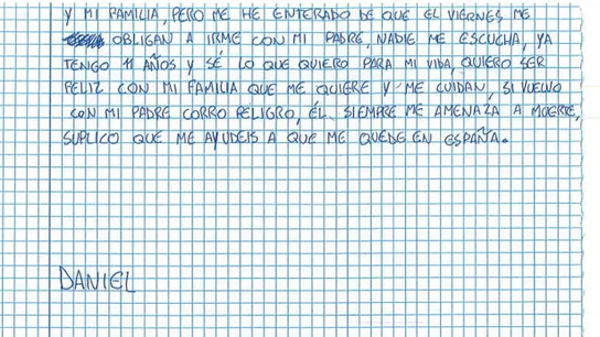 Extracto de la carta de Daniel, hijo de Juana Rivas, a la ONU y a Save The Children. Extracto de la carta de Daniel, hijo de Juana Rivas, a la ONU y a Save The Children.