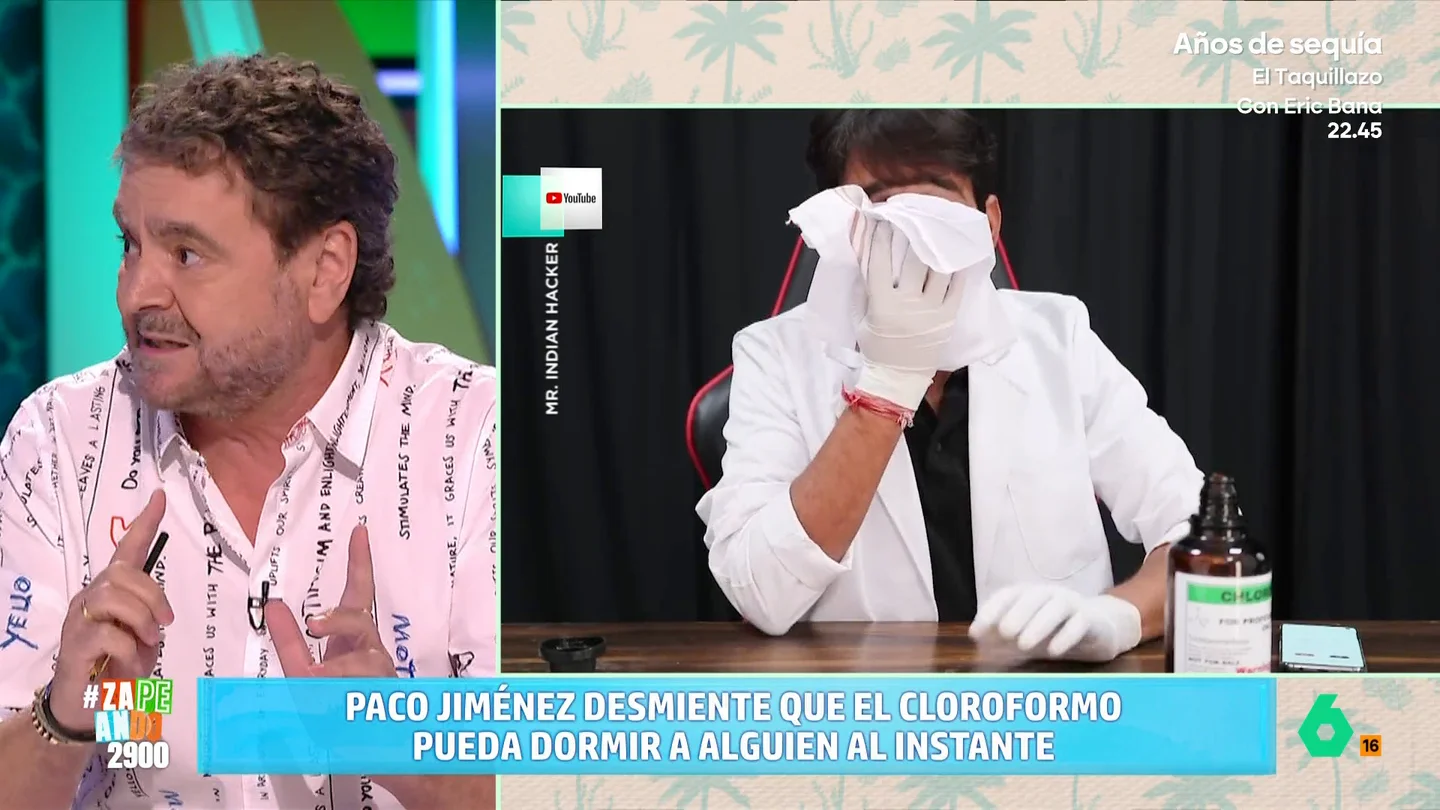Ni el cloroformo te duerme en segundos ni las puertas se abren a patadas: Paco Jiménez desmonta los bulos de las películas Paco Jiménez, el periodista experto en sucesos de Zapeando, desmonta en este vídeo dos mitos muy extendidos en las películas policíacas. El cloroformo necesita 30 minutos para dormir a alguien y hay puertas que no las abre ni un ariete.