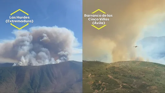 Imagen desde el aire del incendio de Las Hurdes, Extremadura (izq.) y del Barranco de las Cinco Villas, Ávila (dcha.) Imagen desde el aire del incendio de Las Hurdes, Extremadura (izq.) y del Barranco de las Cinco Villas, Ávila (dcha.)