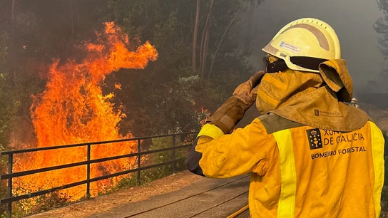 Labores de extinción este miércoles del incendio forestal declarado en las inmediaciones de A Cañiza. Labores de extinción este miércoles del incendio forestal declarado en las inmediaciones de A Cañiza.