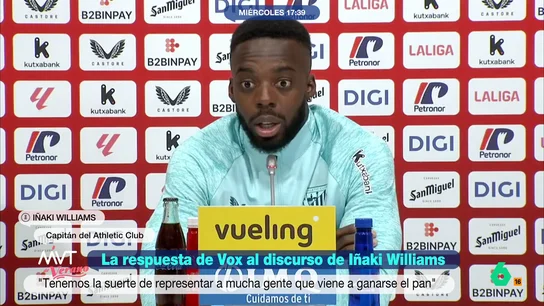 Vox se da por aludido tras las palabras de Iñaki Williams contra el racismo y la ultraderecha El jugador de fútbol daba su primera rueda de prensa como capitán del Athletic de Bilbao y aprovechaba para recordar cómo llegaron sus padres a España y, así, hacer un alegato contra el racismo y el crecimiento de la ultraderecha.