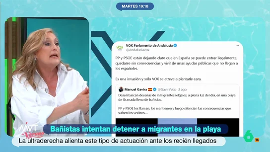 Elisa Beni, tras ver a bañistas retener a migrantes en una playa de Granada: "Vox se está aprovechando de esto" Un grupo de migrantes llegaba a una playa de Granada a plena luz del día. Muchas personas que se encontraban allí decidían perseguirlos para placarlos, tirarlos al suelo y retenerlos hasta la llegada de las autoridades.