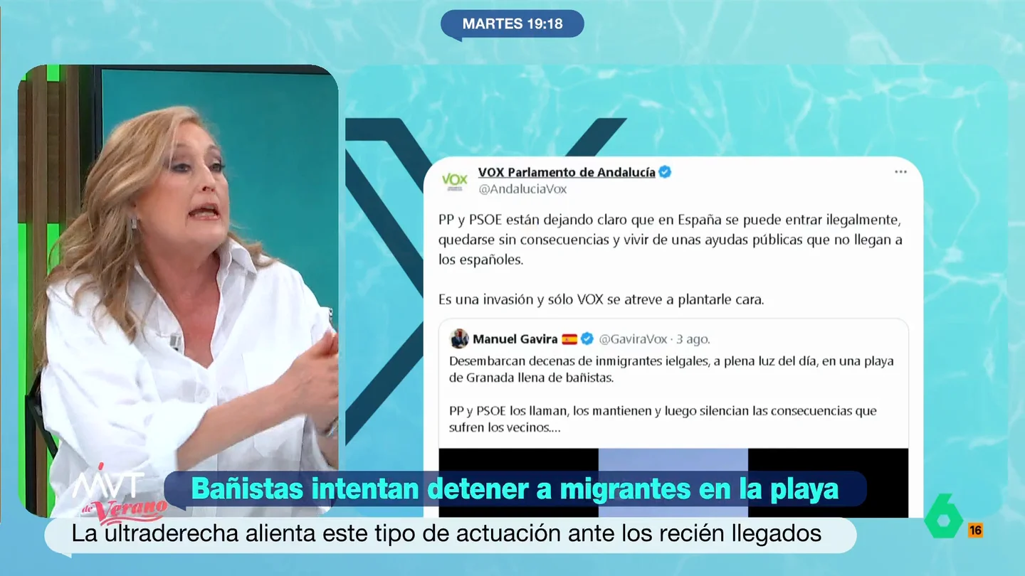 Elisa Beni, tras ver a bañistas retener a migrantes en una playa de Granada: "Vox se está aprovechando de esto" Un grupo de migrantes llegaba a una playa de Granada a plena luz del día. Muchas personas que se encontraban allí decidían perseguirlos para placarlos, tirarlos al suelo y retenerlos hasta la llegada de las autoridades.
