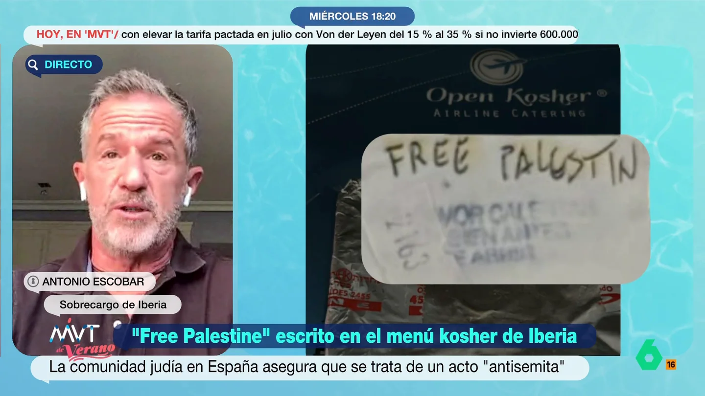 Habla un trabajador de Iberia sobre la polémica del menú kosher que ponía "Free Palestine": "No podemos excluir a los pasajeros" Habla un trabajador de Iberia sobre la polémica del menú kosher que ponía "Free Palestine": "No podemos excluir a los pasajeros"