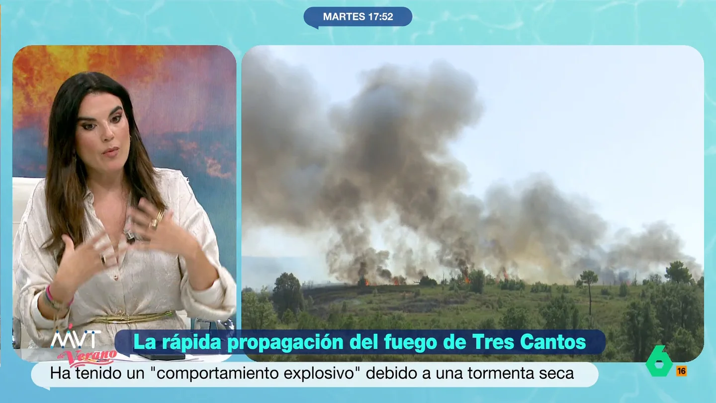 Joanna Ivars explica qué ha propiciado la rápida propagación del fuego en Tres Cantos: "Se dieron las condiciones perfectas" La meteoróloga de laSexta indica que, por ejemplo, se ha dado una sequía térmica, donde el calor se intesifica y provoca que todo se seque, tanto el suelo como la vegetación.