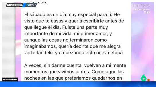 La carta de un ex a su antigua novia a punto de casarse divide el plató de Aruser@s: ¿amor verdadero o drama innecesario? La carta de un ex a su antigua novia a punto de casarse divide el plató de Aruser@s: ¿amor verdadero o drama innecesario?