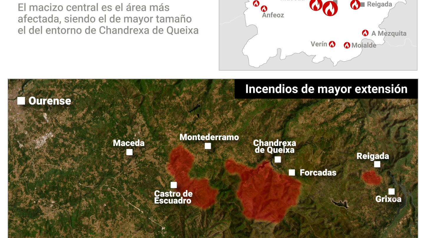 Incendios en el macizo central (Ourense), actualizados a 12 de agosto de 2025