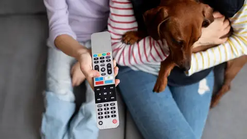 Familia viendo la televisión con su perro Familia viendo la televisión con su perro
