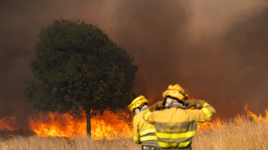 Los bomberos tratan de sofocar las llamas en el incendio de Molezuelas de la Carballeda (Zamora) Los bomberos tratan de sofocar las llamas en el incendio de Molezuelas de la Carballeda (Zamora)