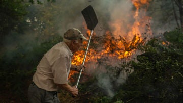 Un vecino de la aldea de Pareis&aacute;s lucha contra el fuego en el incendio en A Pobra de Trives (Ourense)