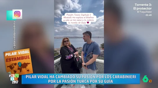 Pilar Vidal 'confiesa' en un vídeo que su guía en Estambul es su "pasión turca": "Luego lo explicaremos" La periodista está de vacaciones en esta ciudad turca. Uno de los enclaves que no ha dudado en visitar es el río Bósforo donde ha pedido a Mustafa, su guía, que cuente la historia del puente que cruza el río.