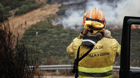 Un bombero forestal observa el incendio en el Puerto de San Glorio (León). Un bombero forestal observa el incendio en el Puerto de San Glorio (León).