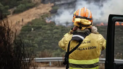 Un bombero forestal observa el incendio en el Puerto de San Glorio (León). Un bombero forestal observa el incendio en el Puerto de San Glorio (León).