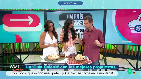 Marina Valdés se rinde al embutido aragonés que ha traído Luis Calero: "Verás la trilogía que vamos a hacer" El reportero ha visitado el Valle de Tena, en el Pirineo oscense, y, además de descubrir sus rincones ha degustado varios productos de la zona: chorizo de ciervo y de jabalí, queso y miel.