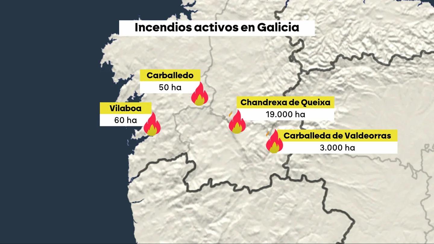 Los incendios activos en Galicia, a 23 de agosto Los incendios activos en Galicia, a 23 de agosto