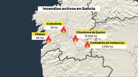Los incendios activos en Galicia, a 23 de agosto Los incendios activos en Galicia, a 23 de agosto