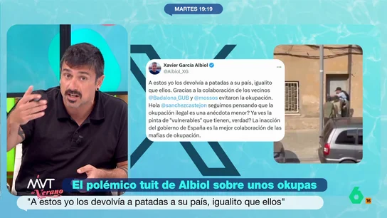 Ramón Espinar: "A mí también me gustaría echar a patadas a García Albiol de la alcaldía de Badalona, pero soy un demócrata" Ramón Espinar ironiza tras el último tuit de Xavier García Albiol sobre "devolver a patadas a su país" a unos okupas y asegura que se trata de "una payasada para intentar hacer ver que el principal problema son los inmigrantes y los okupas".