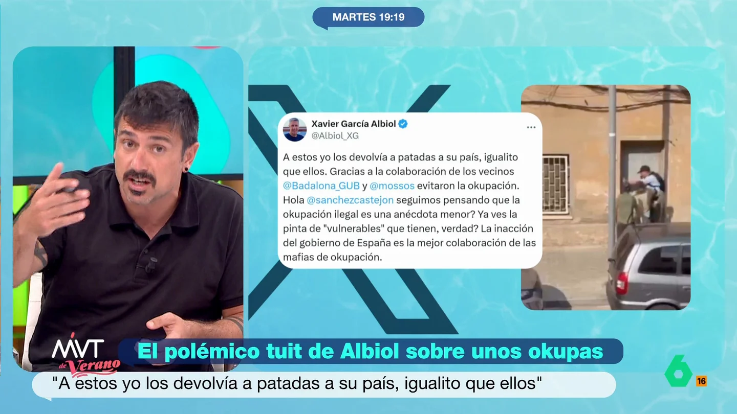 Ramón Espinar: "A mí también me gustaría echar a patadas a García Albiol de la alcaldía de Badalona, pero soy un demócrata" Ramón Espinar ironiza tras el último tuit de Xavier García Albiol sobre "devolver a patadas a su país" a unos okupas y asegura que se trata de "una payasada para intentar hacer ver que el principal problema son los inmigrantes y los okupas".