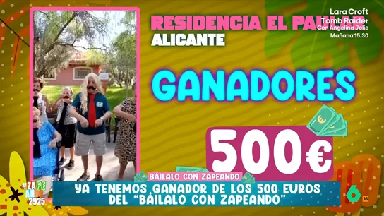 Una residencia de Alicante se lleva 500 euros de 'Báilalo con Zapeando': "Nos vamos a llevar a nuestros abuelitos de excursión" María Gómez y Miki Nadal entregan los últimos 500 euros de 'Báilalo con Zapeando' y el concurso no puede terminar de mejor manera: entregando el premio a la residencia El Paular de Alicante.
