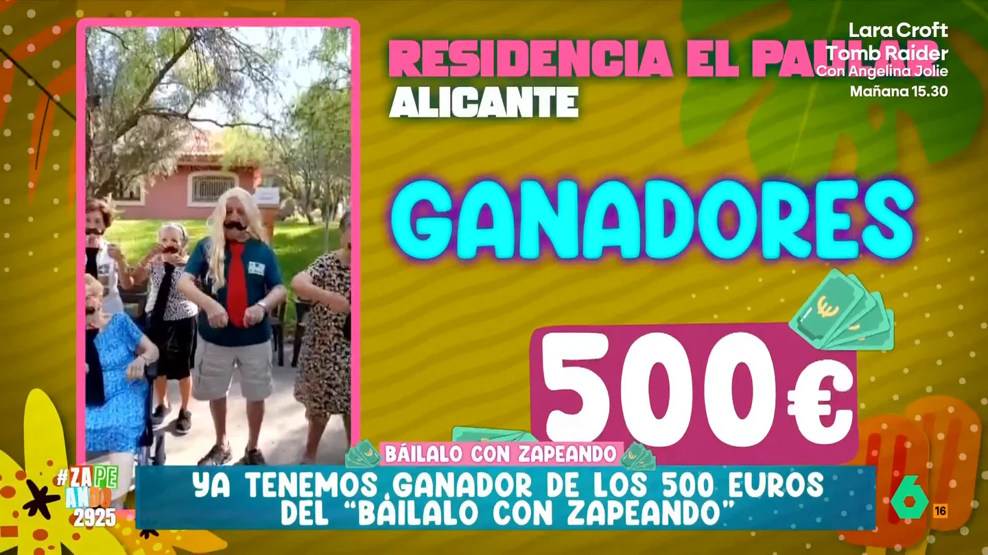 Una residencia de Alicante se lleva 500 euros de 'Báilalo con Zapeando': "Nos vamos a llevar a nuestros abuelitos de excursión" María Gómez y Miki Nadal entregan los últimos 500 euros de 'Báilalo con Zapeando' y el concurso no puede terminar de mejor manera: entregando el premio a la residencia El Paular de Alicante.