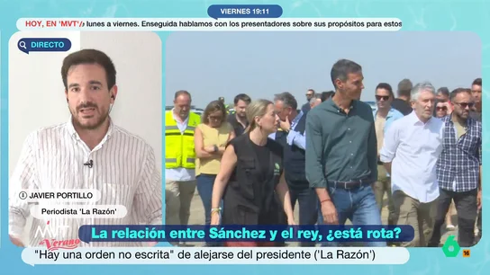 Javier Portillo sostiene que la relación entre Felipe VI y Sánchez estaría rota: "La desconfianza es total" El periodista de 'La Razón', Javier Portillo, explica en Más Vale Tarde su información sobre la supuesta mala relación entre el rey Felipe VI y Pedro Sánchez y asegura que "hay una orden no escrita para circunscribirla a lo estrictamente protocolario".