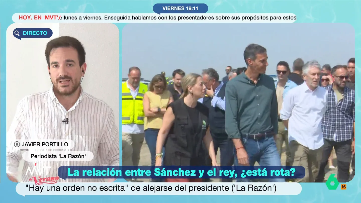 Javier Portillo sostiene que la relación entre Felipe VI y Sánchez estaría rota: "La desconfianza es total" El periodista de 'La Razón', Javier Portillo, explica en Más Vale Tarde su información sobre la supuesta mala relación entre el rey Felipe VI y Pedro Sánchez y asegura que "hay una orden no escrita para circunscribirla a lo estrictamente protocolario".