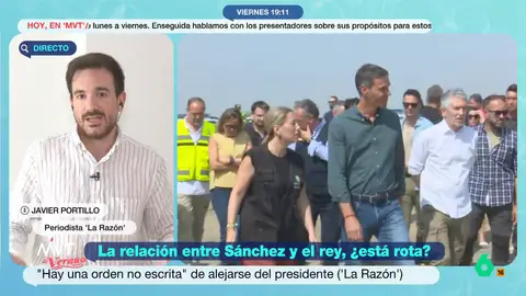 Javier Portillo sostiene que la relación entre Felipe VI y Sánchez estaría rota: "La desconfianza es total" El periodista de 'La Razón', Javier Portillo, explica en Más Vale Tarde su información sobre la supuesta mala relación entre el rey Felipe VI y Pedro Sánchez y asegura que "hay una orden no escrita para circunscribirla a lo estrictamente protocolario".