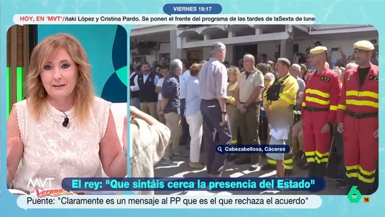 Mayte Alcaraz, sobre el frentismo por los incendios: "No solo se ha devastado el paisaje geográfico, también el político" Mayte Alcaraz reflexiona en este vídeo sobre las palabras del rey Felipe VI pidiendo reflexión a las instituciones por los incendios y la interpretación de Óscar Puente, redirigiendo el mensaje al Partido Popular.