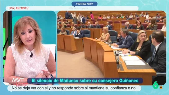 Mayte Alcaraz, sobre el consejero de Medio Ambiente de CyL, Juan Carlos Suárez-Quiñones: "Está absolutamente calcinado" El consejero y el presidente de la Junta de Castilla y León han entrado este viernes por separado a las Cortes. Además, a su salida, Mañueco no ha querido responder sobre si iba a cesar a Quiñones.