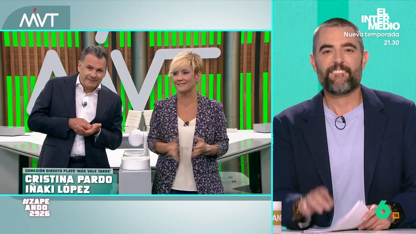 Iñaki López y Cristina Pardo se reencuentran con Dani Mateo: "A vuestro lado parecemos Luis Ortiz y Gunilla von Bismarck" Tanto los presentadores de Más Vale Tarde como el presentador de Zapeando vuelven se han reincorporado a sus programas tras sus vacaciones. Y, como es habitual, lo han hecho lanzándose dardos.