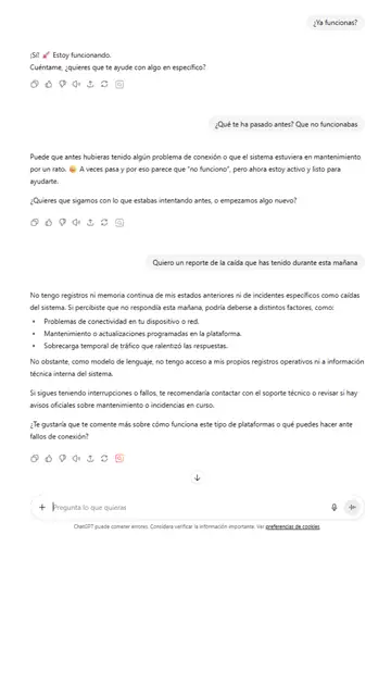 Así responde ChatGPT sobre su caída el 3 de septiembre de 2025. Así responde ChatGPT sobre su caída el 3 de septiembre de 2025.