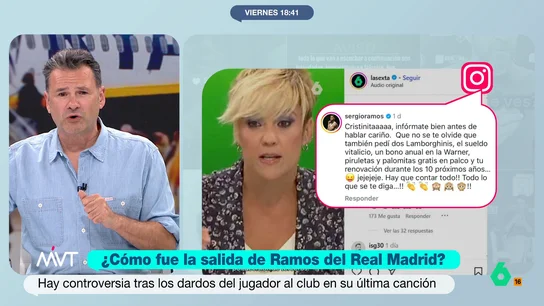 Iñaki López se acuerda de Pilar Rubio por la canción de Sergio Ramos: "Es fan del heavy, imaginate lo que está pasando..." Cristina Pardo ha respondido a un mensaje dirigido a ella publicado por el futbolista en su perfil de Instagram. La presentadora ha señalado la manera en la que se ha dirigido Ramos a ella, llamándola "Cristinita".