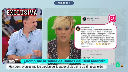 Iñaki López imita a Josep Pedrerol para dirigirse a Sergio Ramos: "¡Retratado!" El futbolista ha respondido a la información que daba Cristina Pardo en Más Vale Tarde sobre su salida del Real Madrid. La periodista, por su parte, ha reaccionado al mensaje del futbolista con más información exclusiva.