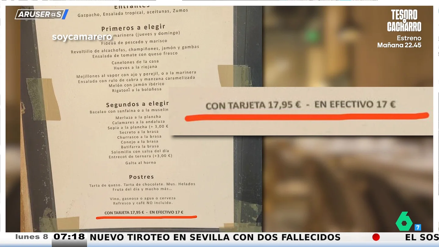 "Con tarjeta: 17,95 euros; en efectivo: 17 euros": la carta de precios de un restaurante indigna a las redes "Con tarjeta: 17,95 euros; en efectivo: 17 euros": la carta de precios de un restaurante indigna a las redes