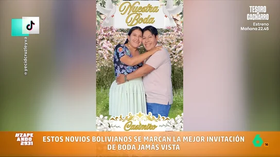 Dos bolivianos se marca la mejor invitación de boda de la historia: "El momento estelar será el PowerPoint de cómo se conocieron" Casimiro y Rosmeri son una pareja de bolivianos que ha revolucionado para siempre el mundo de las invitaciones de boda. Los zapeadores reaccionan a ella en este vídeo y la intentan replicar par Iñaki Urrutia.