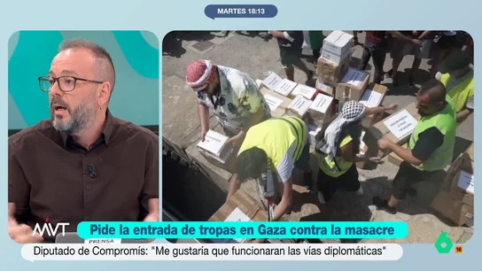 Antonio Maestre, tajante: "Es de aurora boreal pensar que hay alguna posibilidad de una misión de la ONU en Gaza" Alberto Ibáñez, diputado de Compromís, pide que una coalición de estados intervenga militarmente para proteger a los gazatíes. "Es tan absurdo y ridículo que no estoy ni a favor ni en contra", afirma Antonio Maestre.