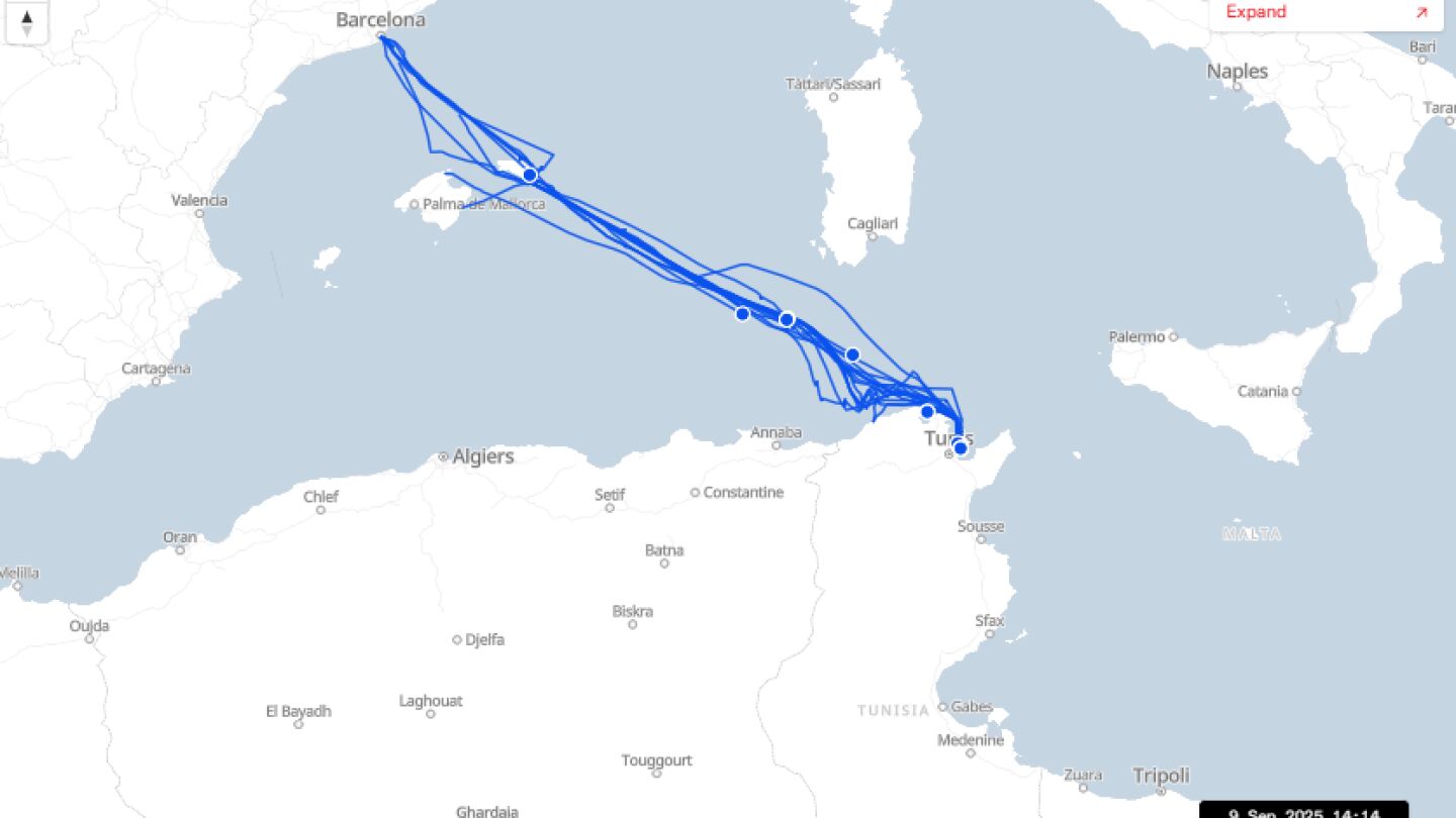 Imagen del rastreador de la Global Sumud Flotilla a 9 de septiembre de 2025.